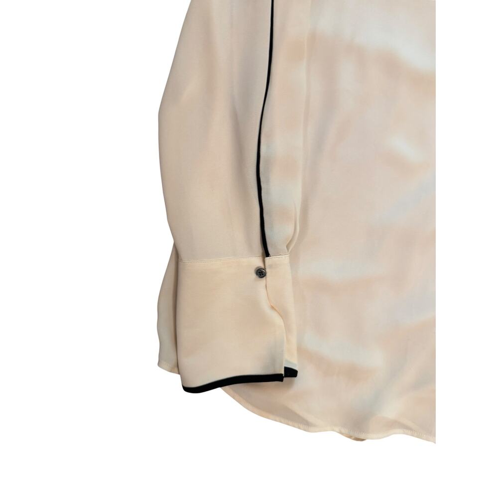 LOFT Cream Blouse | Black Piping | V-Neck | Wide Cuff | Sheer | Size L - Picture 2 of 6